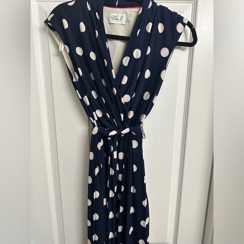 Navy with off white large polkadot wrap dress